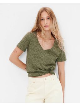 GAP - Women Olive Animal V-Neck T-shirt