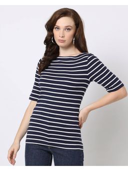 GAP - Women Navy Blue Striped Boat Neck T-shirt