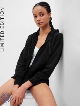 GAP - Women Black Zip-Front Hooded Hoodie