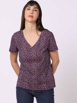 GAP - Women Navy Blue Relaxed Printed Pleated Round Neck Top