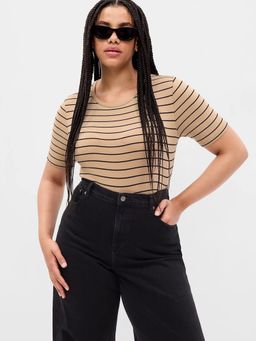 GAP - Women Beige Horizontal-Stripes Round Neck T-Shirt