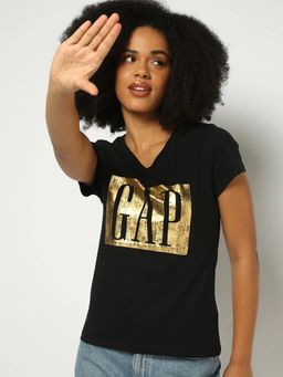 GAP - Women Black Logo Print V-Neck T-Shirt