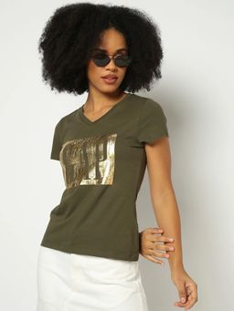 GAP - Women Olive Regular V-Neck Logo T-shirt