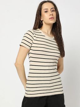 GAP - Women Khaki Stripes Round Neck T-Shirt