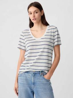 GAP - Women Grey Horizontal-Stripes U-Neck T-Shirt