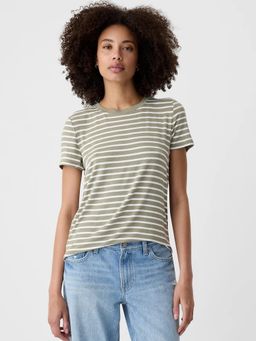 GAP - Women Green Sage Horizontal-Stripes Round Neck T-Shirt