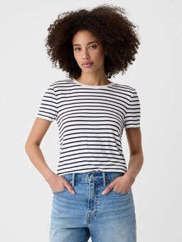 GAP - Women White Horizontal-Stripes Round Neck T-Shirt