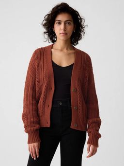 GAP - Women Brown Cable-Knit V-Neck Cardigan