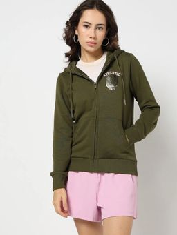 GAP - Women Olive Zip-Front Logo Hooded Hoodie