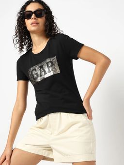 GAP - Women Black Embellished Round Neck T-Shirt