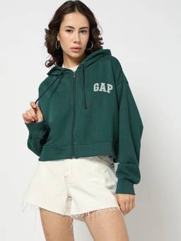 GAP - Women Green Logo Zip-Front Hooded Hoodie