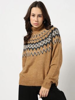 GAP - Women Brown Geometric High-Neck Neck Sweater
