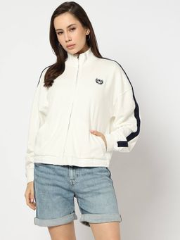 GAP - Women Off White Colorblock Striped Zip-front High Neck Sweatshirt