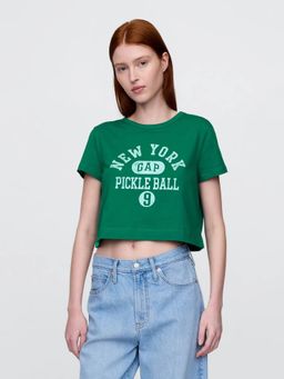 GAP - Women Green Graphic Print Round Neck Crop T-Shirt