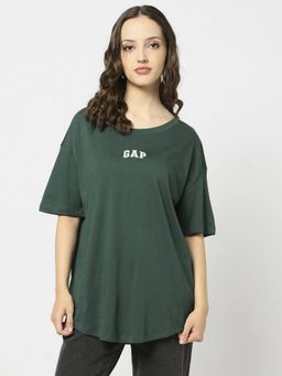 GAP - Women Green Embroidered Drop Shoulder Crew Neck T-shirt
