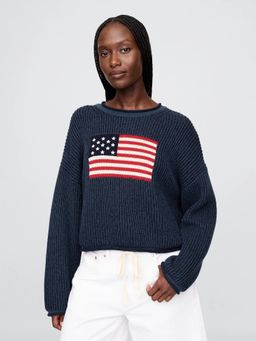 GAP - Women Blue Relaxed Patch Crew Neck Sweaters