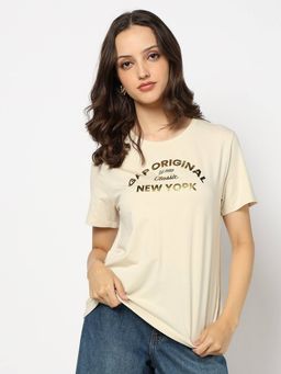 GAP - Women Beige Letter Print Crew Neck T-shirt