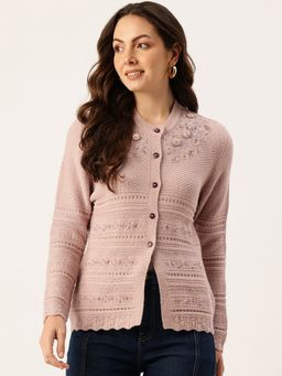 APSLEY - Women Pink Embroidered Round Neck Cardigan