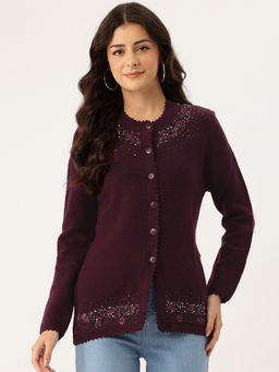 APSLEY - Women Wine Round Neck Embroidered Cardigan