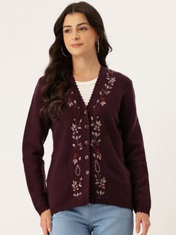APSLEY - Women Purple V-Neck Embroidered Cardigan