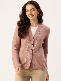 APSLEY - Women Pink V-Neck Embroidered Cardigan