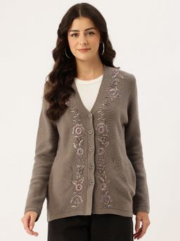 APSLEY - Women Brown V-Neck Embroidered Cardigan
