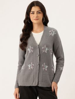 APSLEY - Women Grey V-Neck Embroidered Cardigan