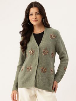 APSLEY - Women Olive V-Neck Embroidered Cardigan