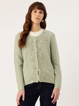 APSLEY - Women Green Round Neck Embroidered Cardigan