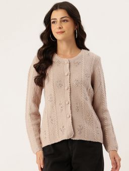 APSLEY - Women Beige Round Neck Embroidered Cardigan