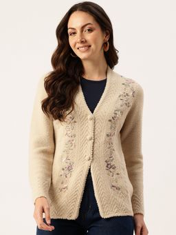 APSLEY - Women Beige V-Neck Embroidered Cardigan