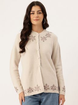 APSLEY - Women Beige Round Neck Embroidered Cardigan