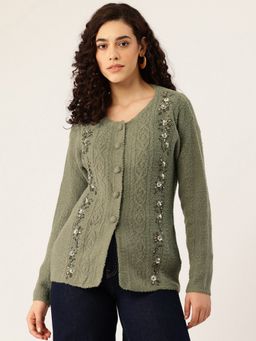 APSLEY - Women Olive V-Neck Embroidered Cardigan