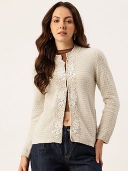 APSLEY - Women Brown Round Neck Embroidered Cardigan