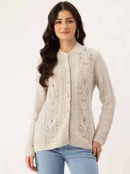 APSLEY - Women Mauve Round Neck Embroidered Cardigan
