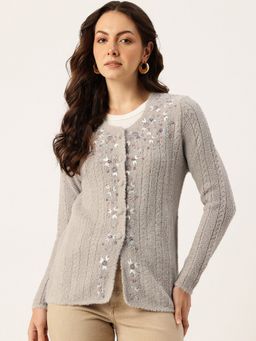 APSLEY - Women Grey Round Neck Embroidered Cardigan