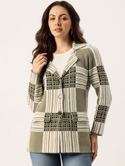APSLEY - Women Olive Notched Lapel Checks Cardigan