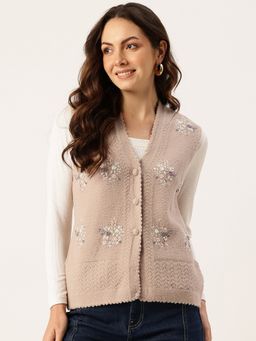 APSLEY - Women Brown V-Neck Embroidered Cardigan