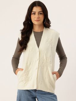 APSLEY - Women Cream V-Neck Embroidered Cardigan