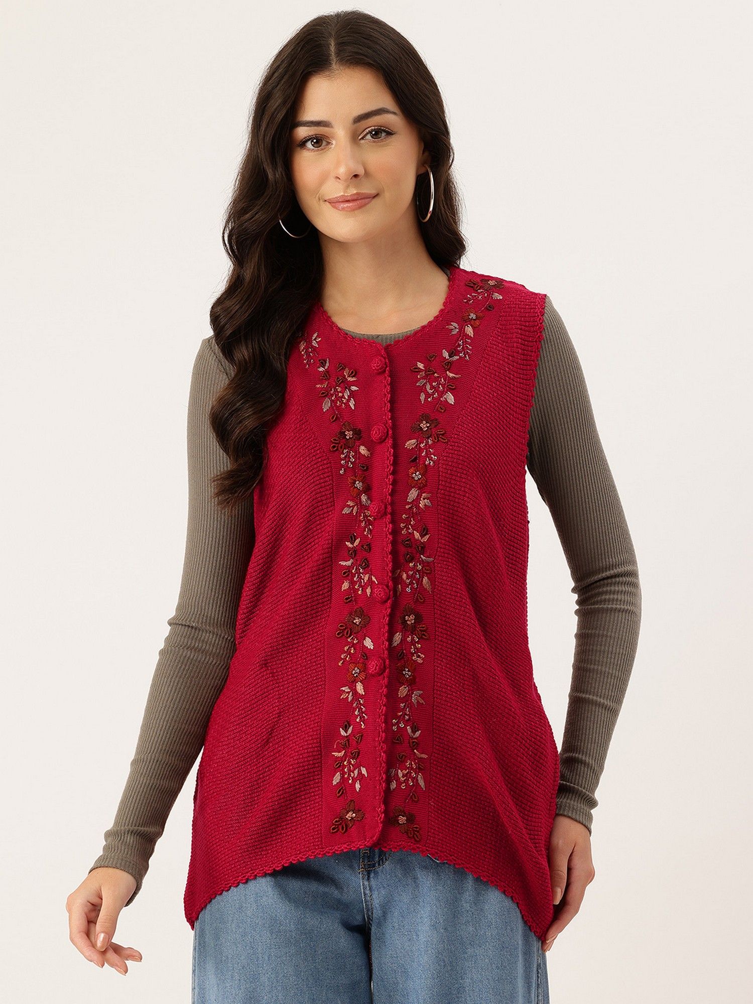 apsley Women Maroon Round Neck Embroidered Cardigan-picture-13