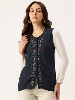 APSLEY - Women Navy Blue Round Neck Embroidered Cardigan