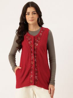 APSLEY - Women Red Round Neck Embroidered Cardigan