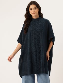 APSLEY - Women Navy Blue High Neck Woven Sweaters