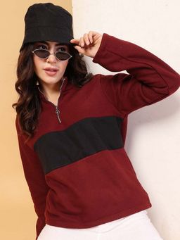 RIGO - Women Maroon Colourblock High Neck Sweatshirt