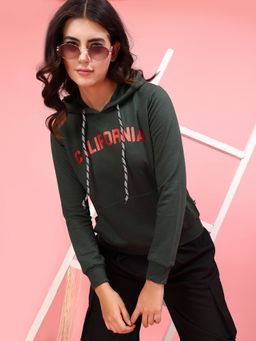 RIGO - Women Green Full Sleeve Printed Hooded Hoodie