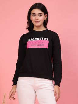 RIGO - Women Black Printed Crew Neck Fleece Sweatshirt