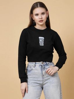 RIGO - Women Black Printed Crop Sweatshirt