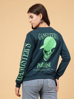 RIGO - Women Green Oversized Printed Fleece Sweatshirt