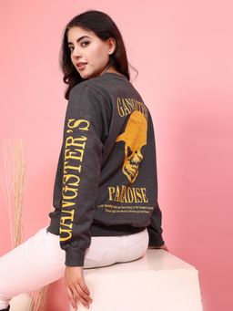 RIGO - Women Charcoal Oversized Printed Fleece Sweatshirt