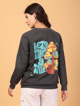 RIGO - Women Charcoal Oversized Printed Fleece Sweatshirt